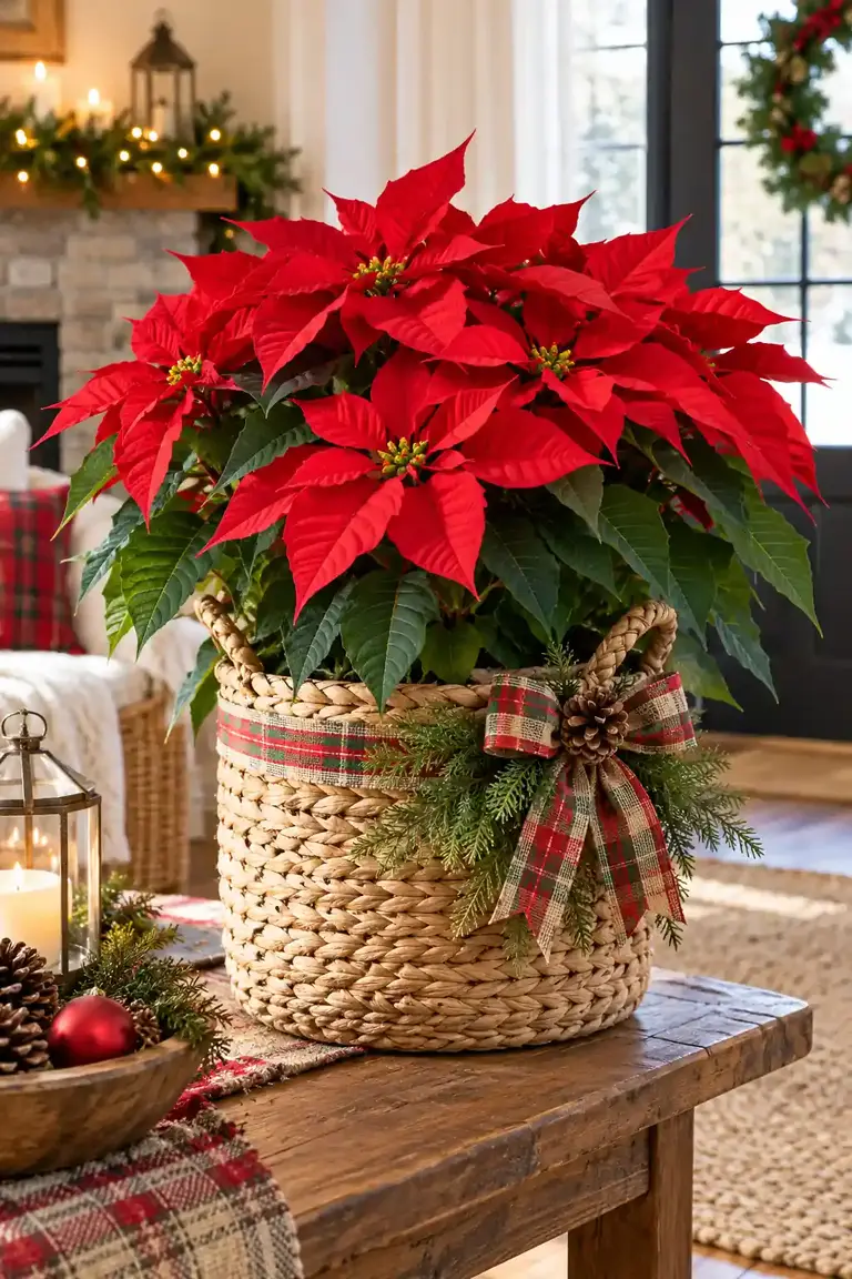 Christmas plants, red poinsettia in a woven basket