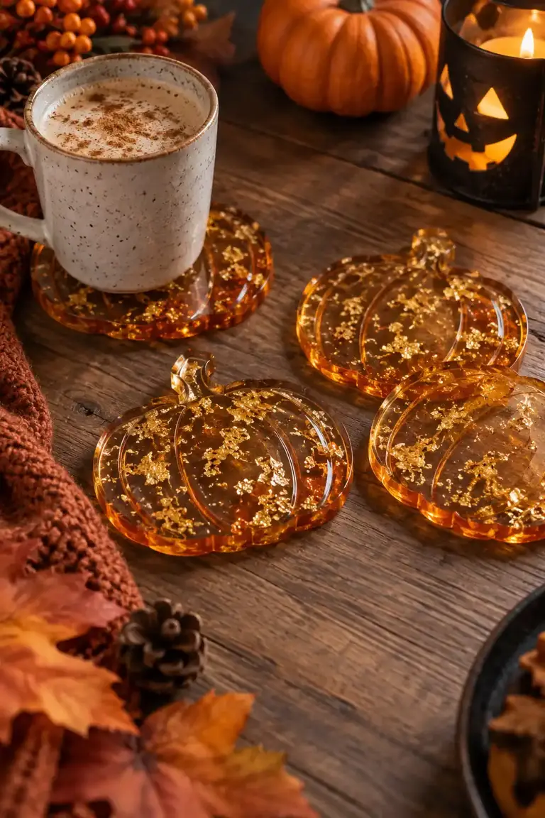 Clear amber resin pumpkin shaped coasters with gold flakes on a wood table, one of the Halloween resin ideas