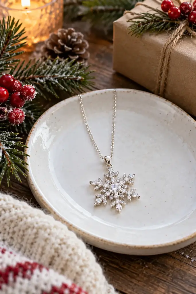 Christmas jewelry, snowflake pendant necklace