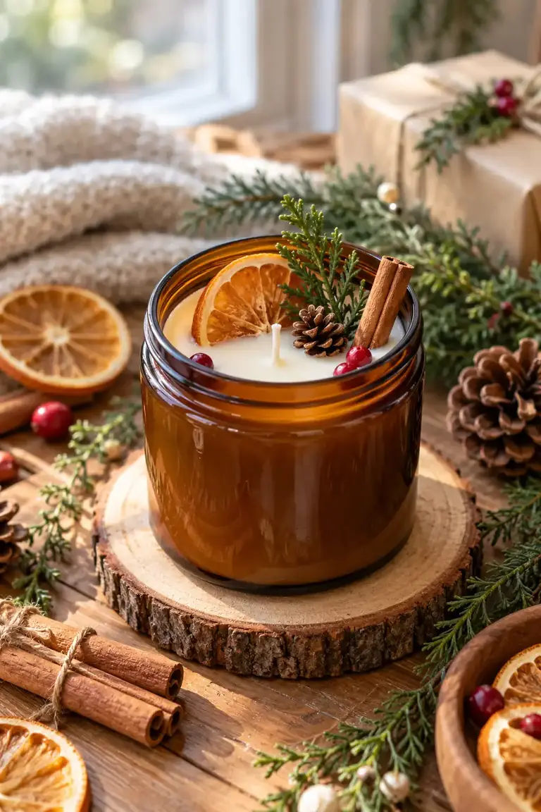 Christmas candles, soy candle in an amber jar