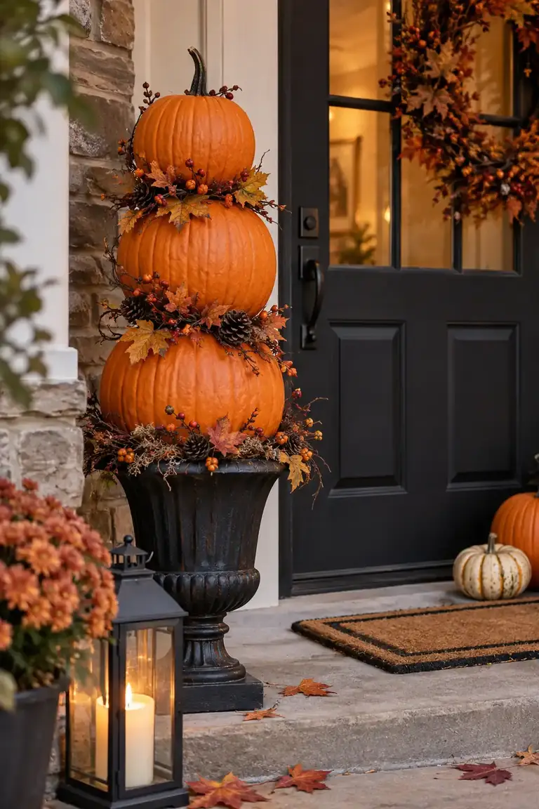 Front porch with a stacked orange pumpkin topiary in a black urn beside the door, one of the DIY Halloween porch decoration ideas