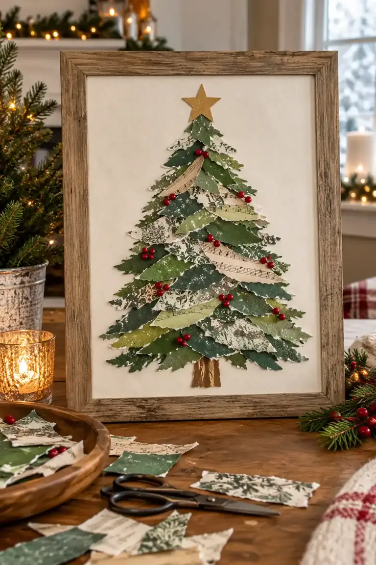 Christmas collage, torn paper Christmas tree