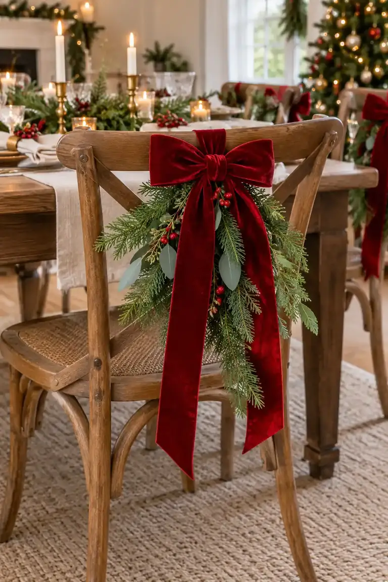 Velvet Bow and Greenery Christmas chair decoration ideas