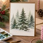 DIY Christmas cards, watercolor pine tree card