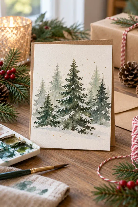 DIY Christmas cards, watercolor pine tree card