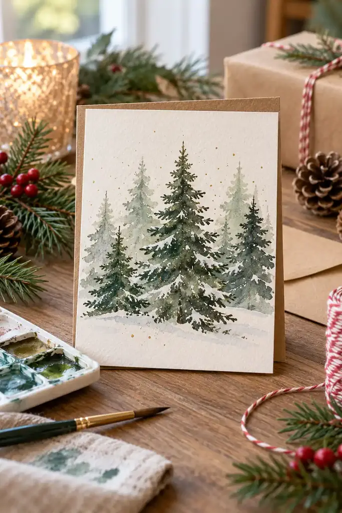 DIY Christmas cards, watercolor pine tree card