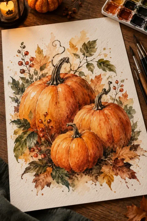 Watercolor painting of three orange pumpkins with green leaves on textured paper, one of the Halloween watercolor ideas