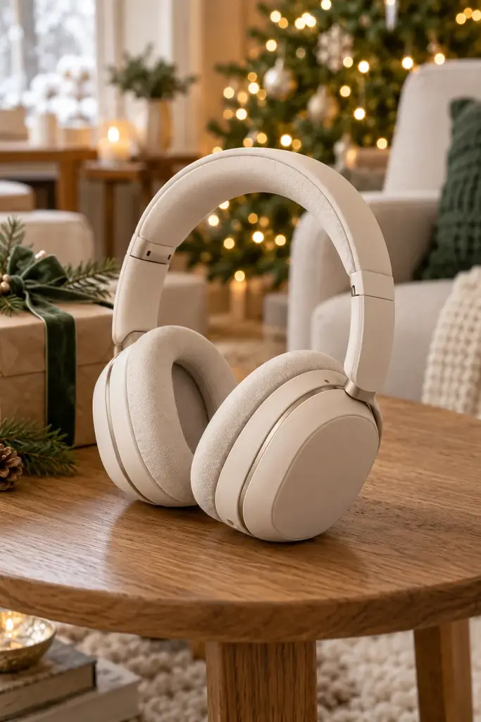 Cream wireless over-ear headphones on a round wooden side table beside a lit Christmas tree, one of the cool Christmas gift ideas