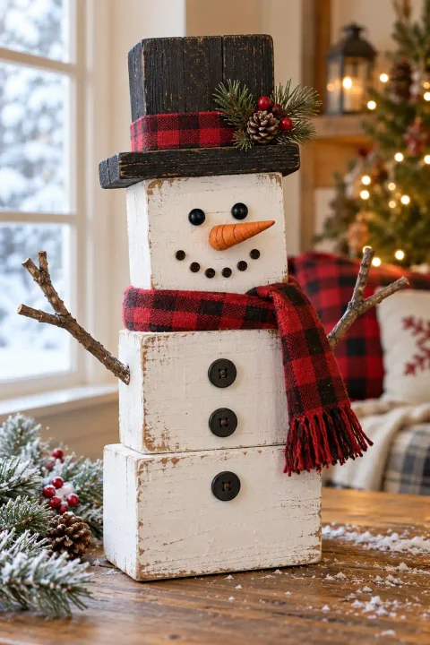 Christmas wood crafts, wood block snowman