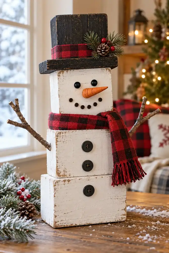 Christmas wood crafts, wood block snowman