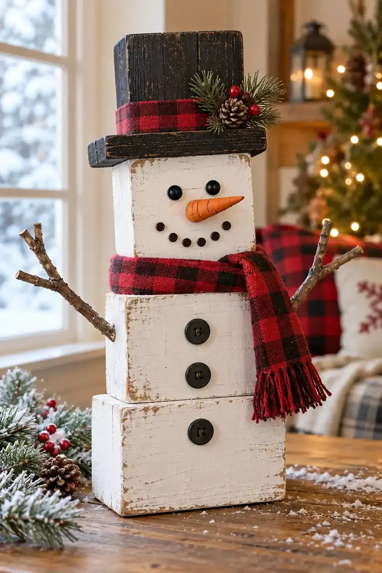 Christmas wood crafts, wood block snowman