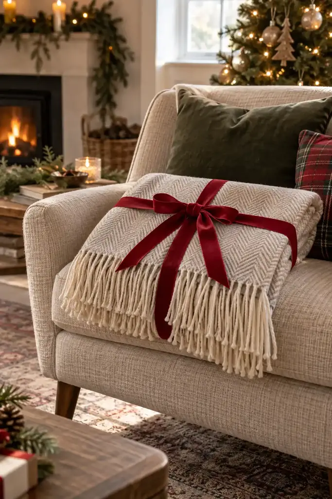 Oatmeal herringbone woven throw with long fringe folded on an armchair and tied with red ribbon, one of the Christmas gift ideas for the home