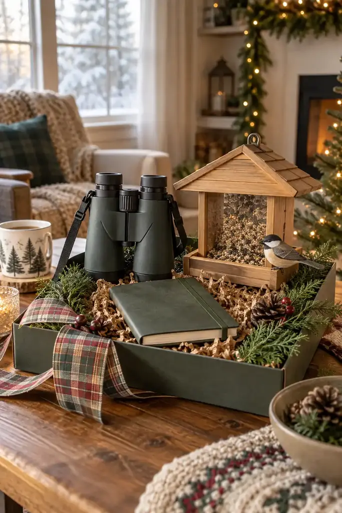 Birdwatching gift box with green binoculars, a wooden bird feeder and a field journal tied with plaid ribbon