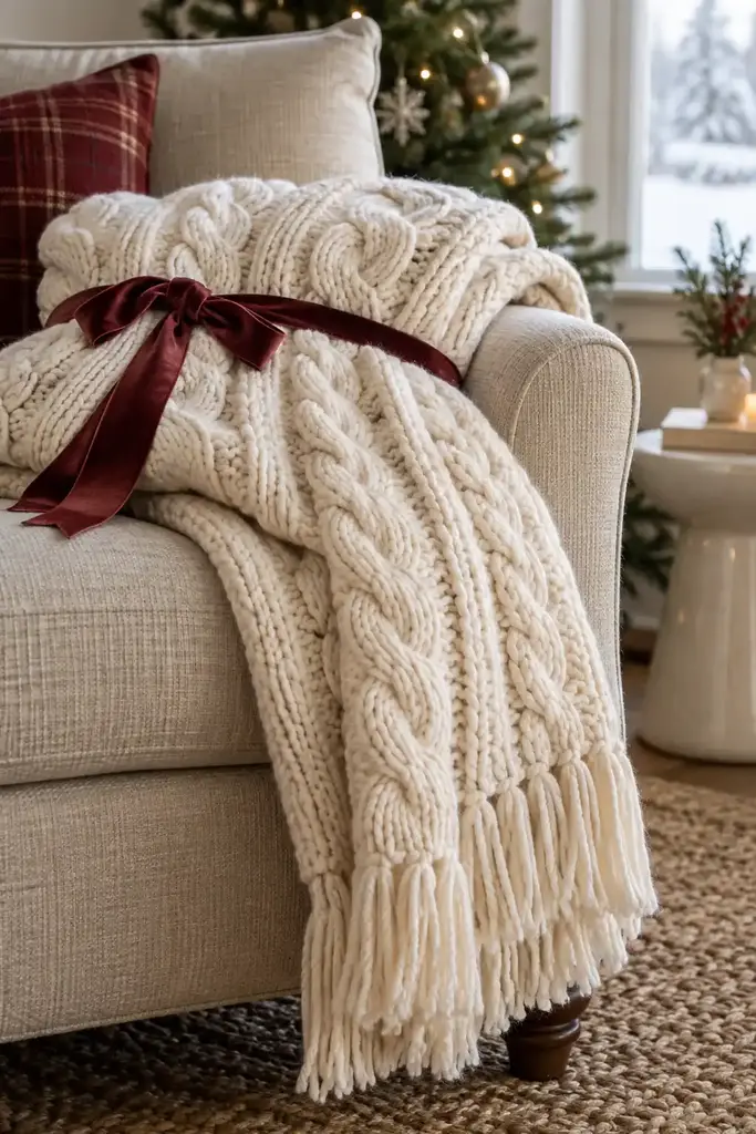 Cream cable knit throw blanket tied with a red velvet ribbon over the arm of a linen sofa near a Christmas tree