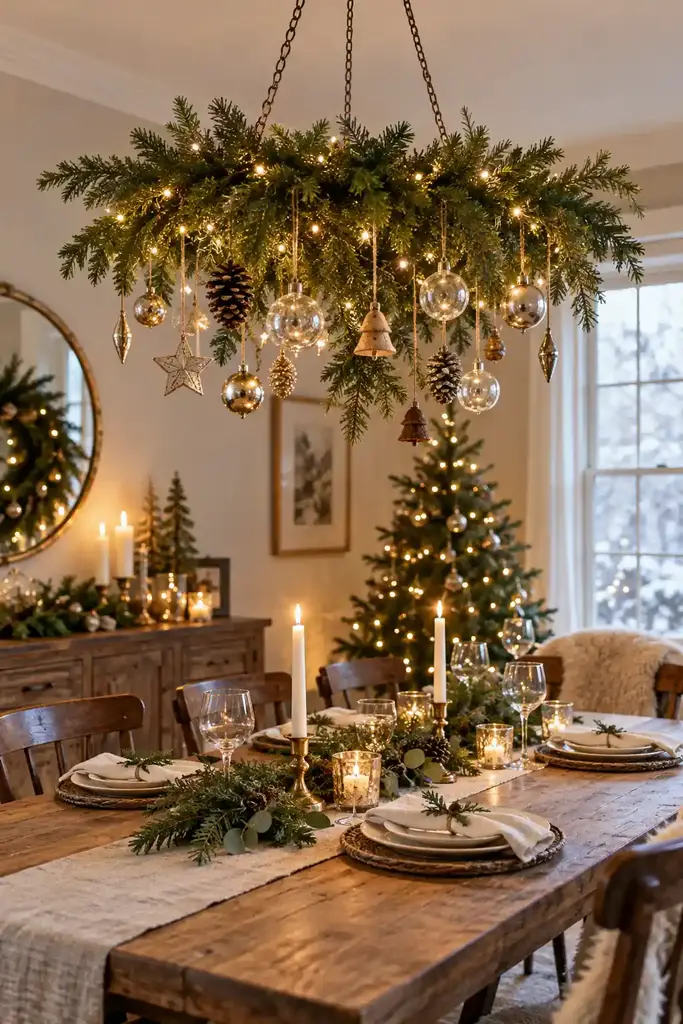 An evergreen covered ring hangs above a dining table with baubles below it