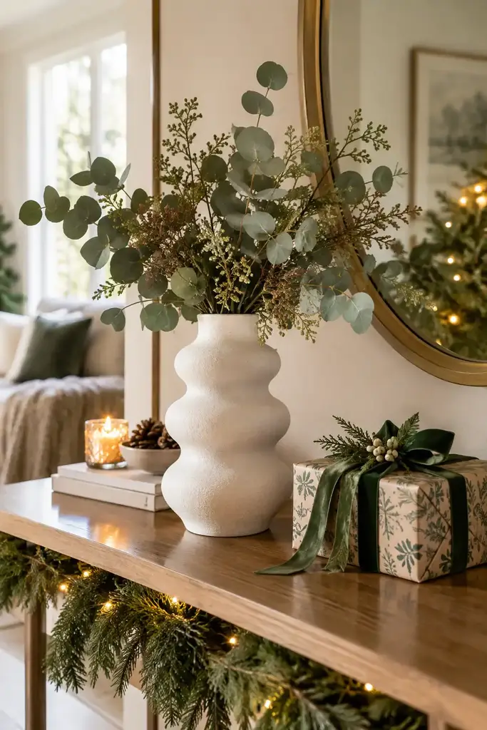 Ivory sculptural ceramic vase with curved bubble shape holding winter eucalyptus on a console table