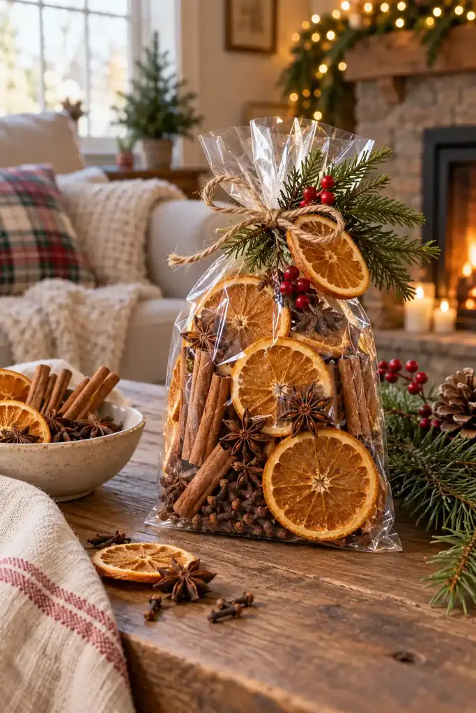 Clear gift bag of dried orange slices, cinnamon sticks, star anise and cloves tied with twine and a pine sprig