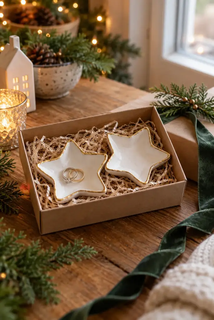 Two white star shaped clay ring dishes with gold painted edges in a kraft gift box