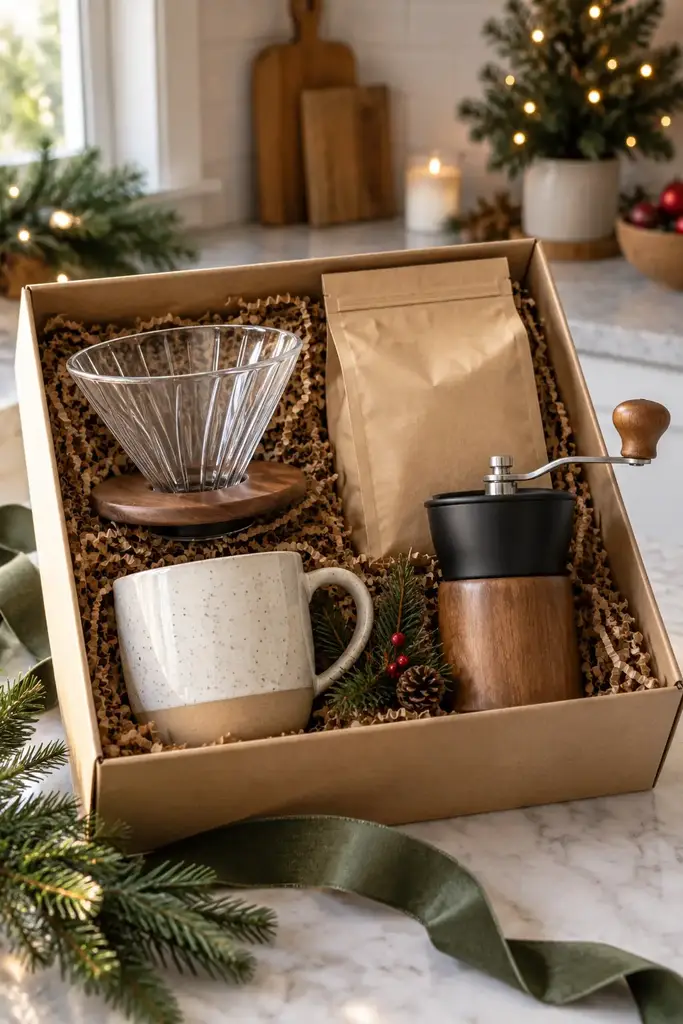 Kraft gift box with a glass pour-over dripper, coffee beans, a cream mug and a hand coffee grinder