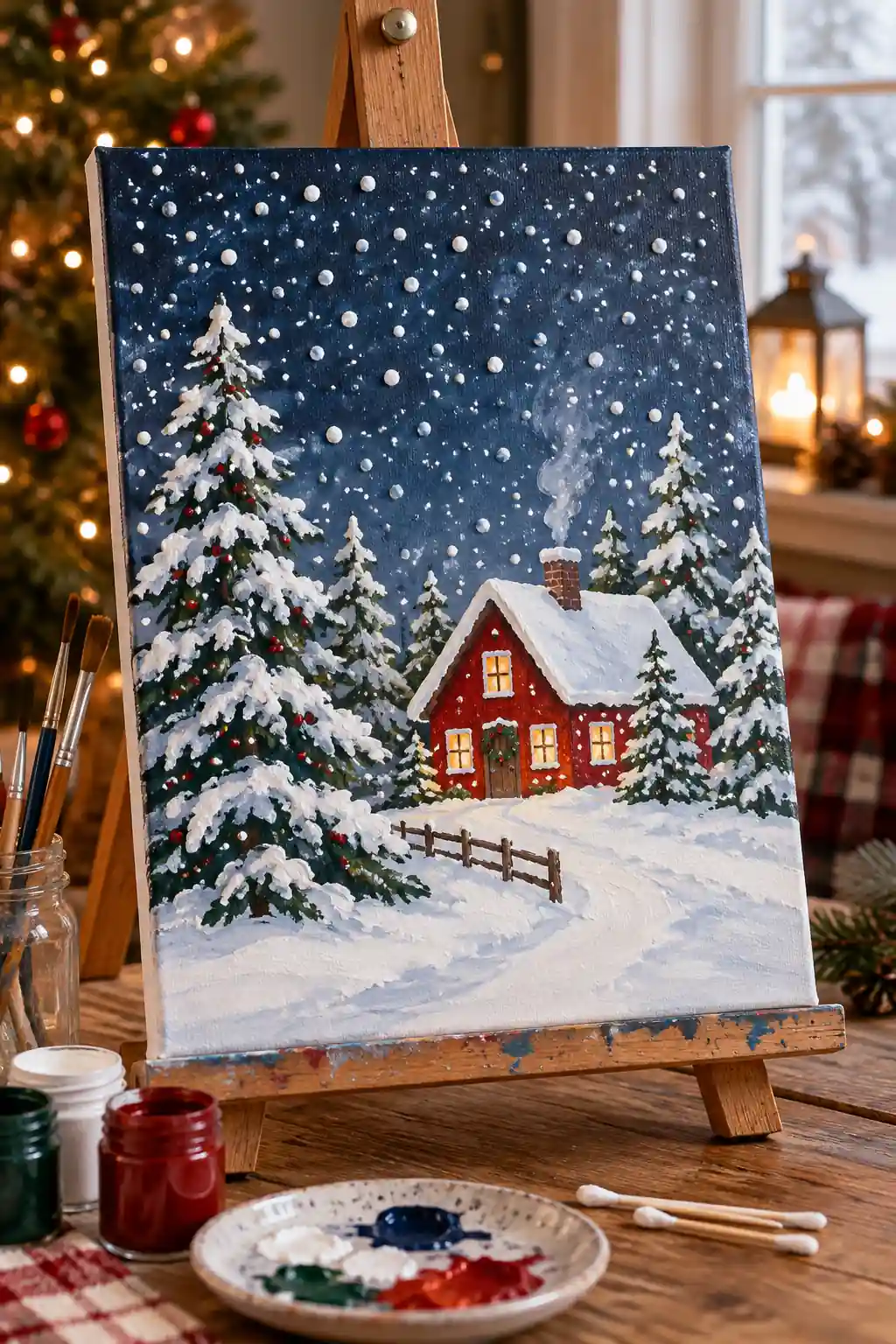 Cotton Swab Snowfall Christmas canvas ideas