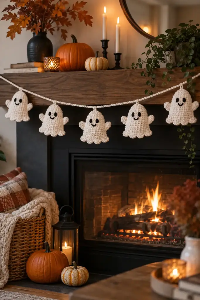 Friendly white crocheted ghosts strung on a garland across a fireplace