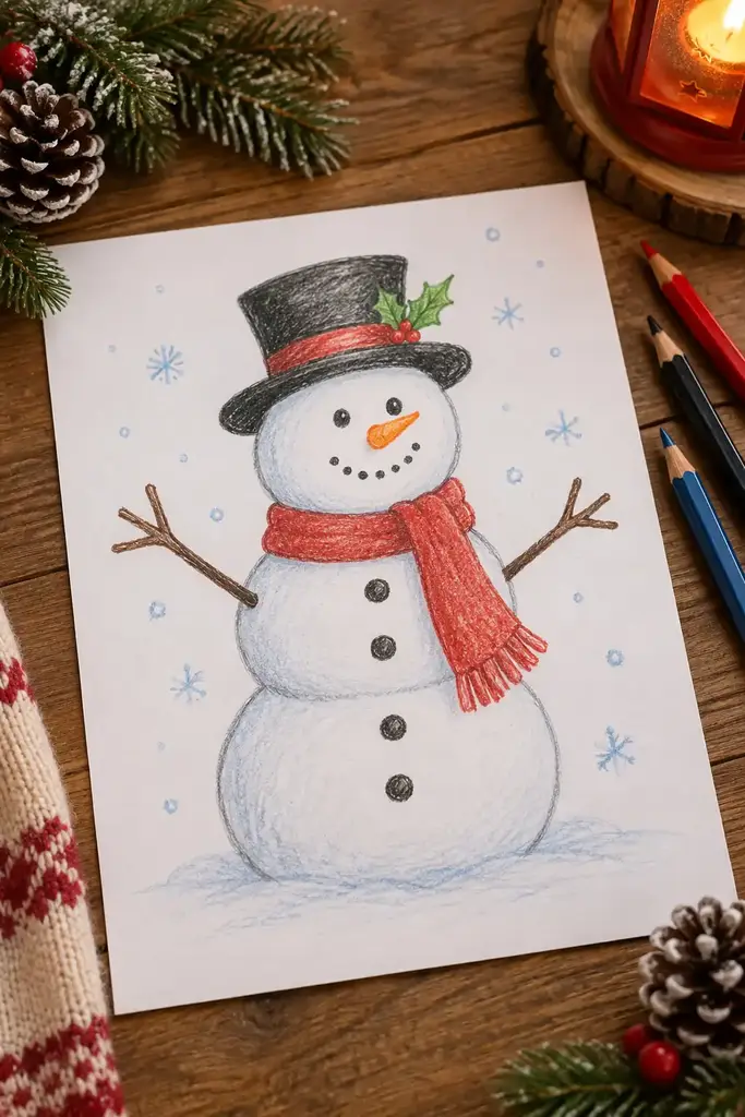A snowman has a black top hat, red scarf and thin twig arms
