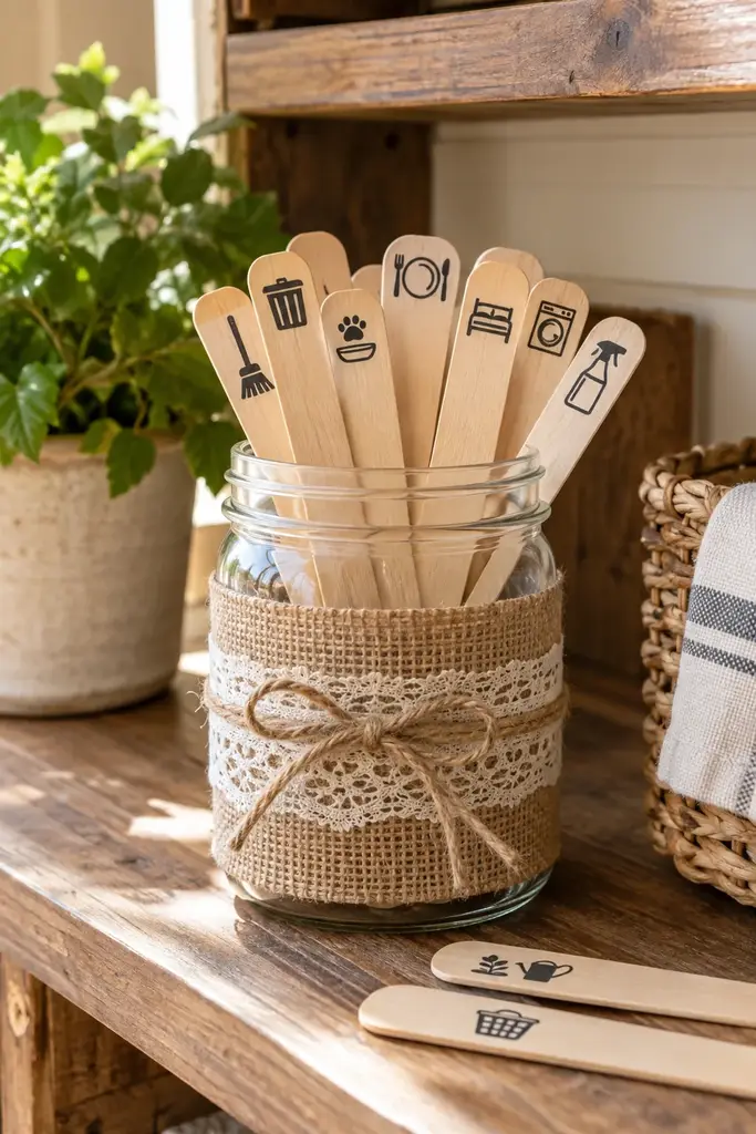Farmhouse chore jar wrapped in burlap and lace with natural wood chore sticks on a rustic shelf