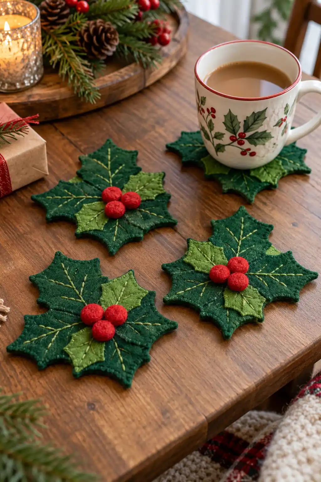Felt Holly Christmas coaster ideas