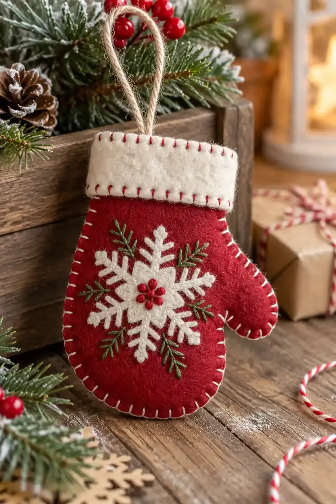 Felt stitched mitten Christmas ornament