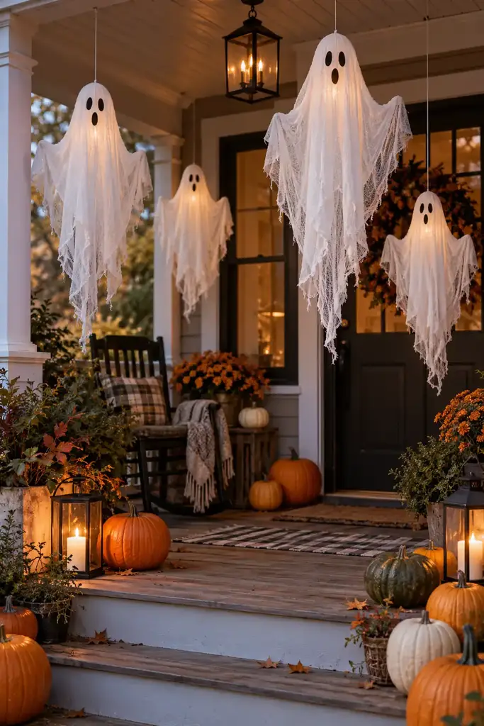 Covered porch with white gauze ghosts hanging at different heights above pumpkins