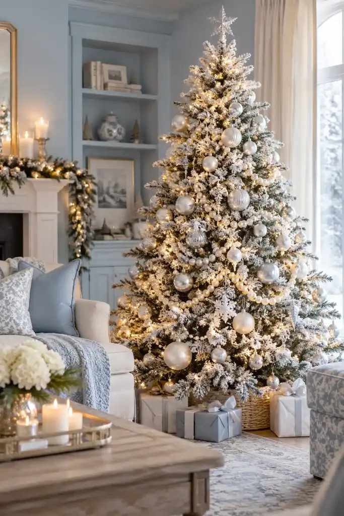 White flocking covers the branches between pearl colored ornaments and silver baubles