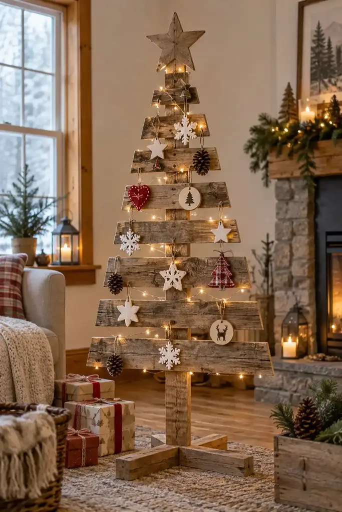 Horizontal wooden slats form a solid tree outline on a freestanding cross base