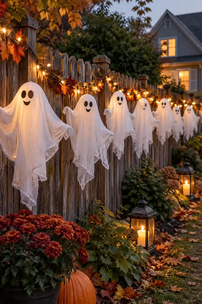 Wooden garden fence with a row of white fabric ghosts with friendly black eyes
