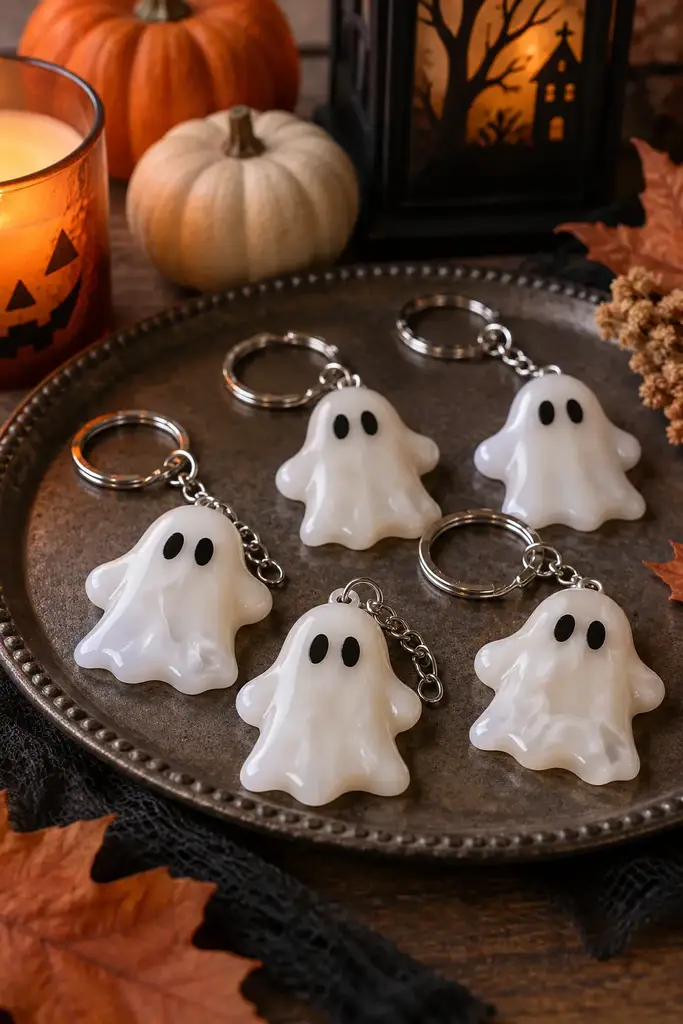 Milky white resin ghost keychains with black eyes and silver key rings on a tray