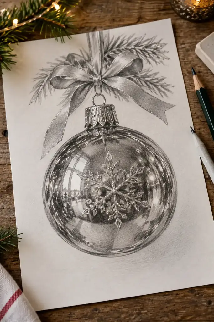 A graphite bauble reflects a window grid across its curved surface