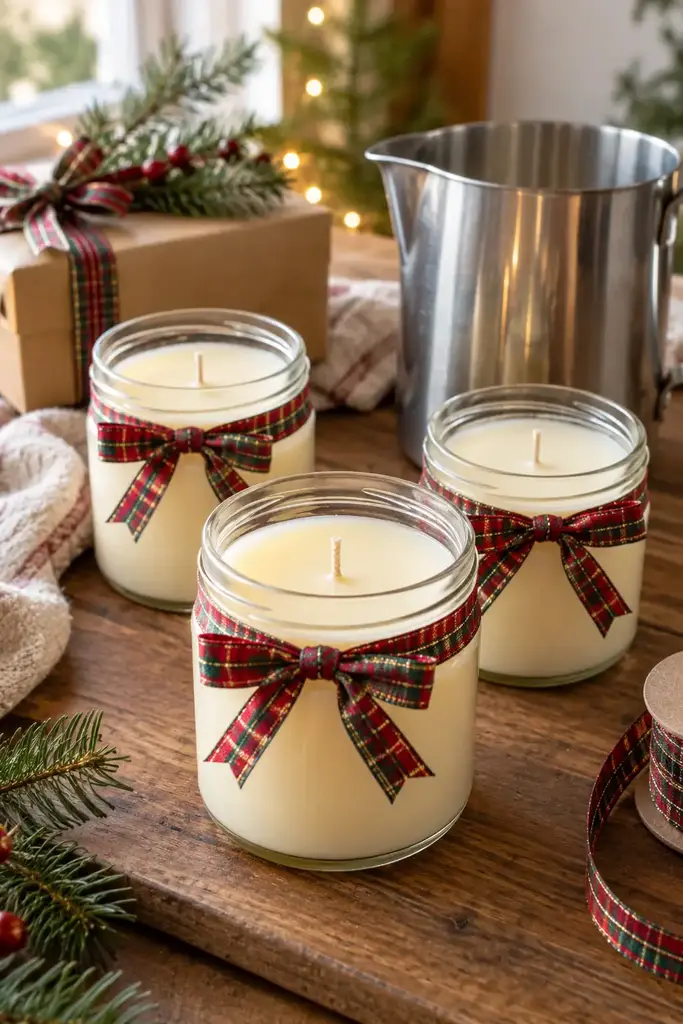 Three hand poured soy candles in glass jars tied with tartan ribbon beside a wax pouring pitcher