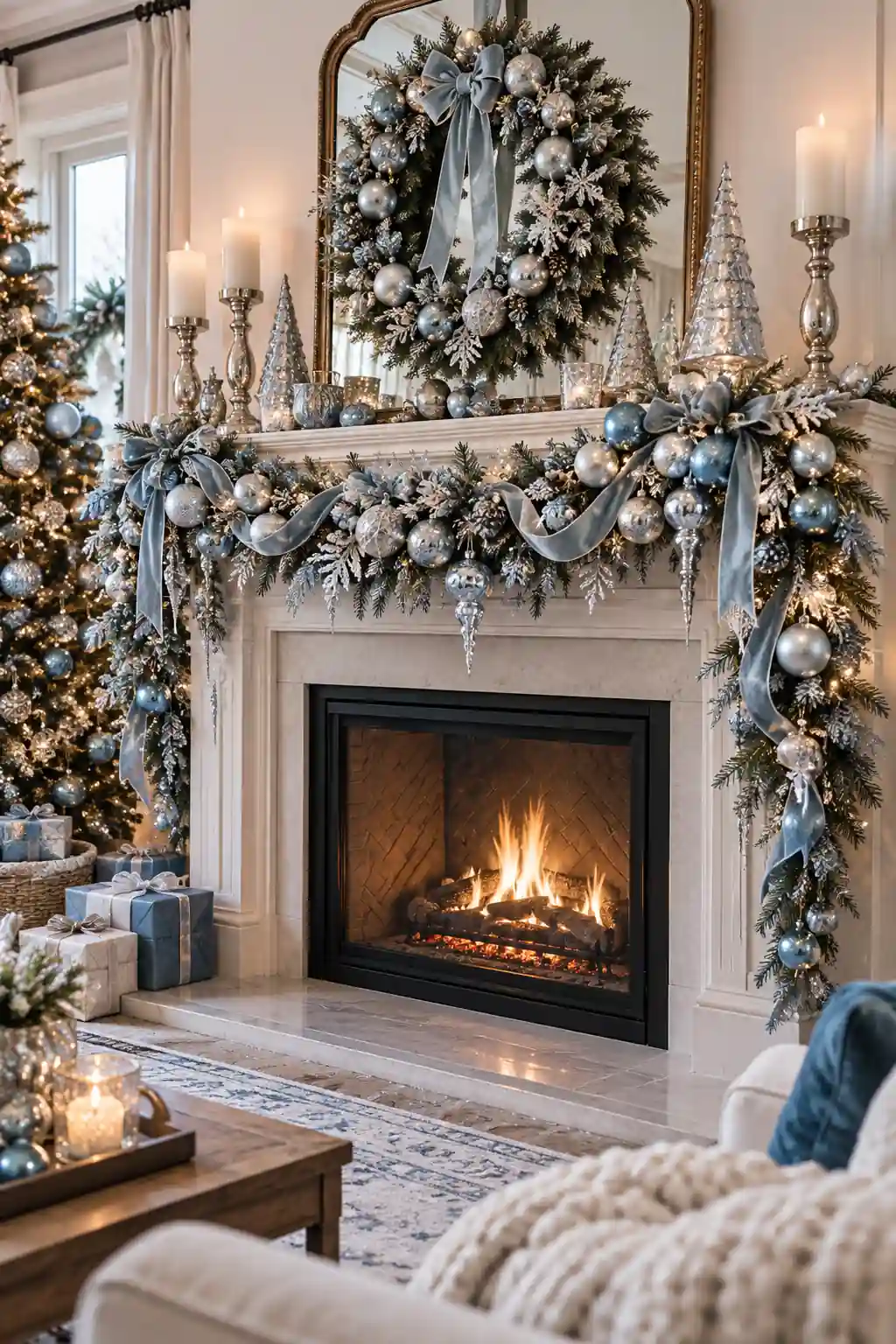 Ice Blue Silver Mantel blue Christmas decoration ideas