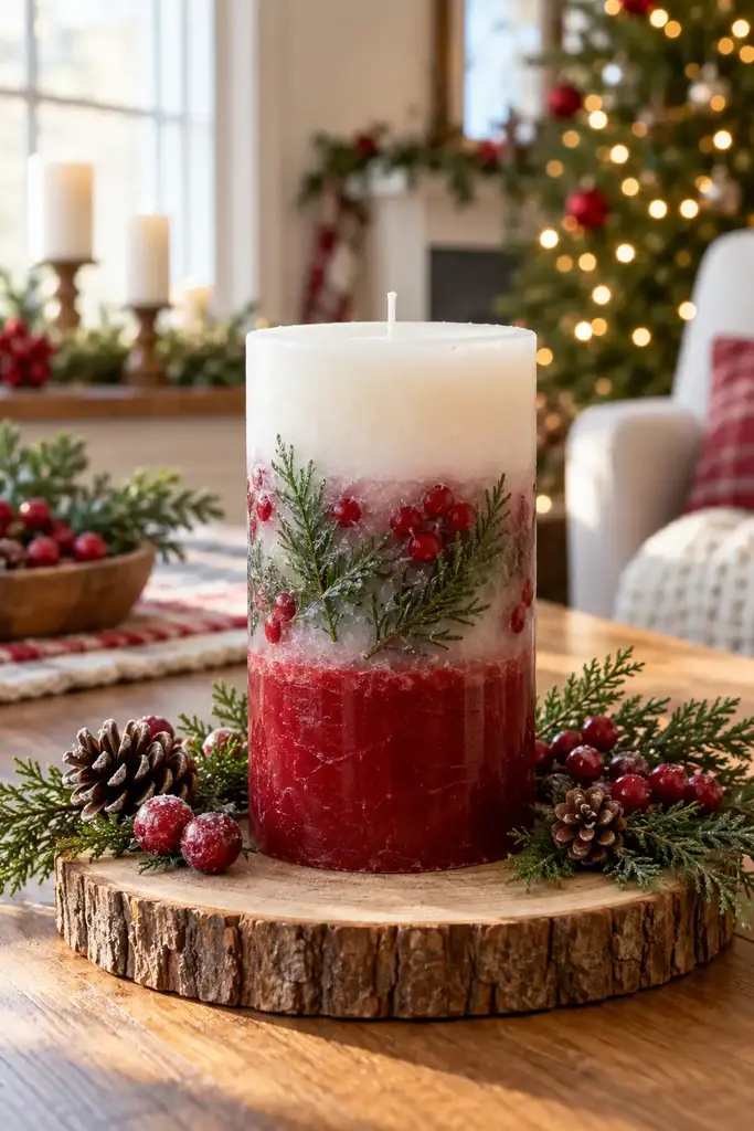 Layered red and white pillar candle