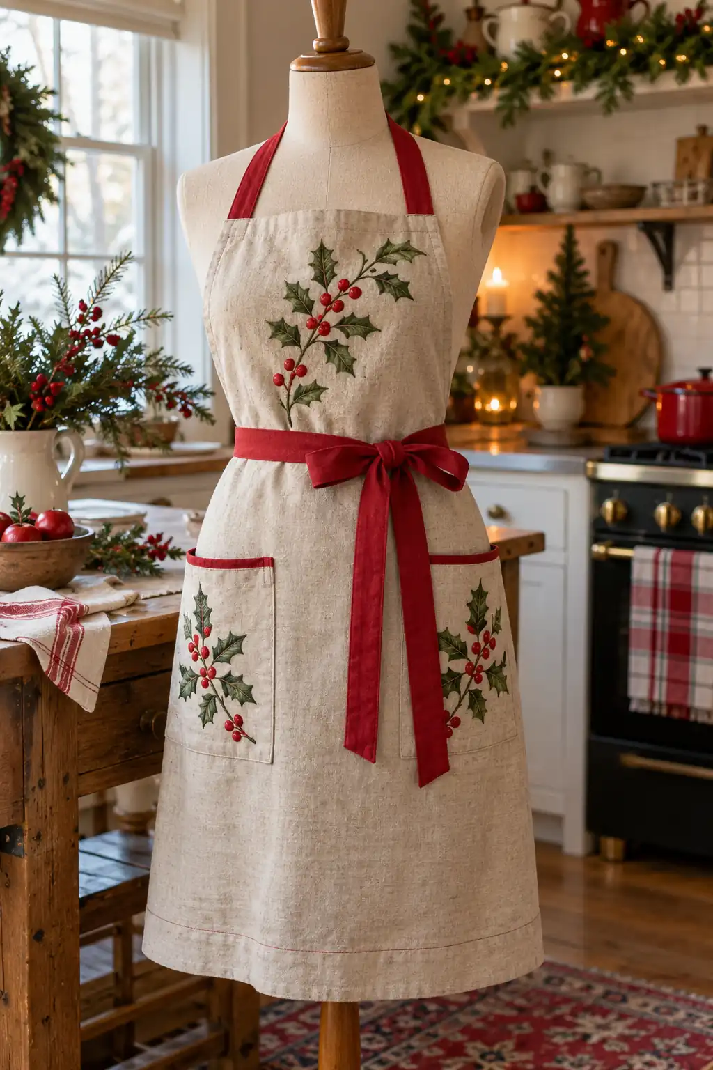 Linen Embroidered Holly Christmas apron ideas