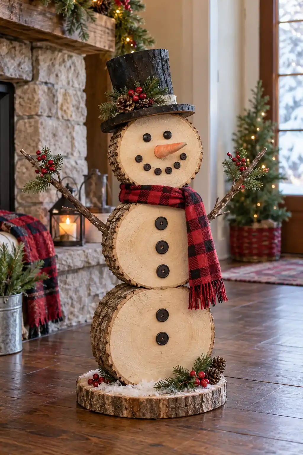 Log Slice Snowman log Christmas decoration ideas