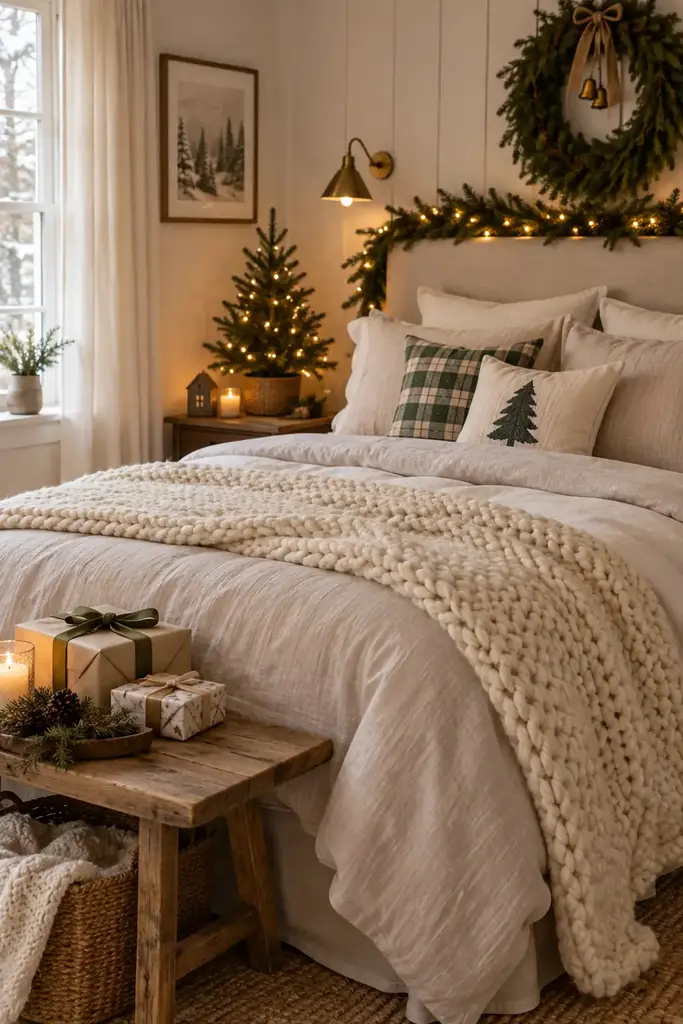 A thick cream blanket covers pale bedding beside a small decorated tree