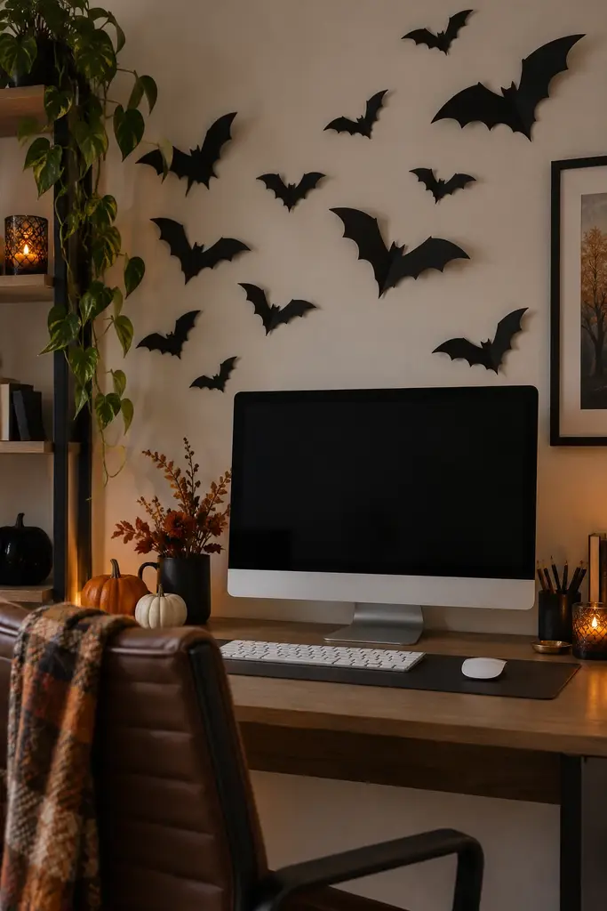 Hand cut black paper bats arranged on the wall above an office monitor