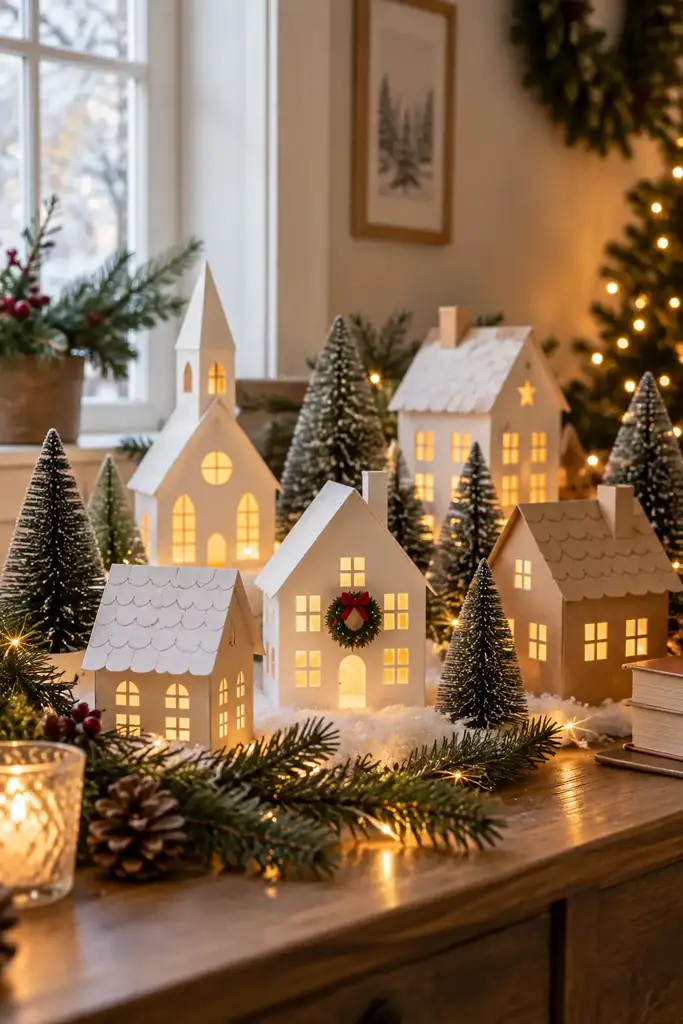 White paper houses have cut windows, folded roofs and small doors