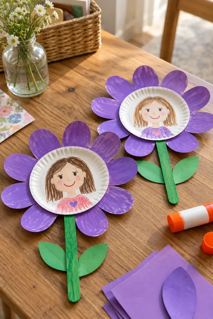 Paper plate flower craft with a child's drawing of a smiling woman and big purple paper petals