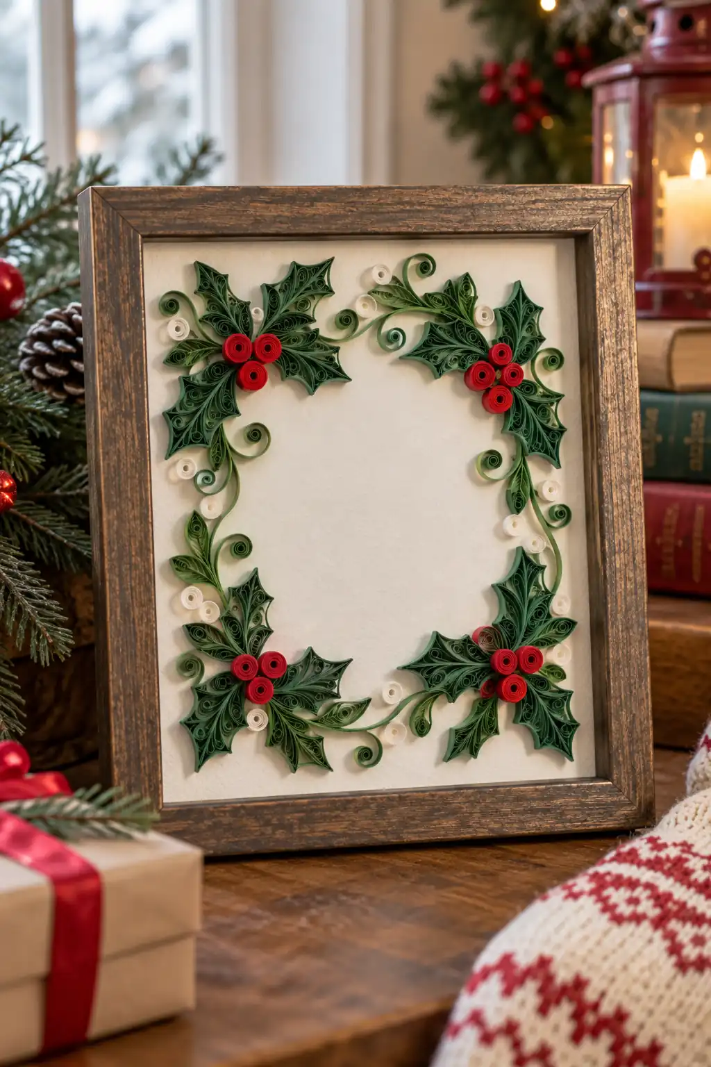 Paper Quilled Holly Frame Christmas craft ideas