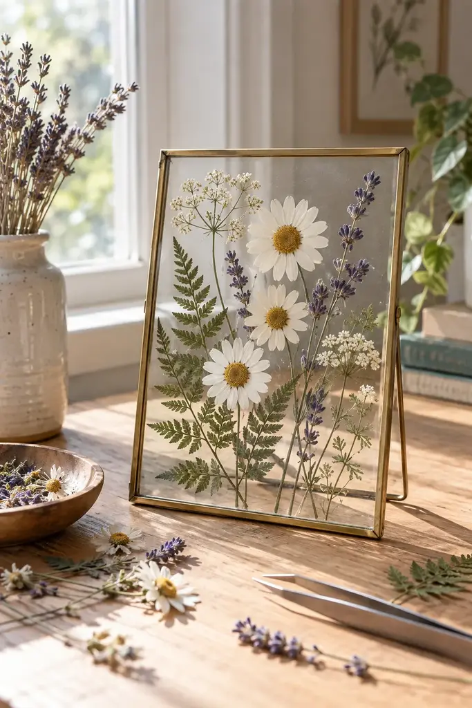 DIY pressed flower glass frame with dried daisies, fern leaves and lavender in a thin brass frame