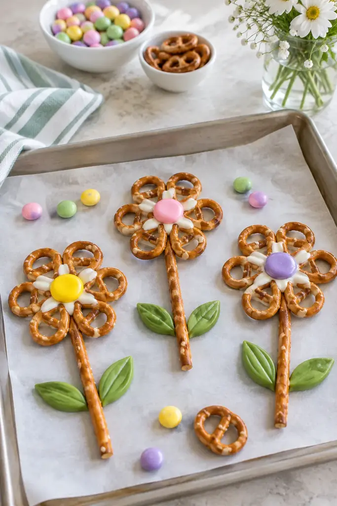 Edible pretzel flowers made from mini twist pretzels with white chocolate and round candy centers on pretzel rod stems