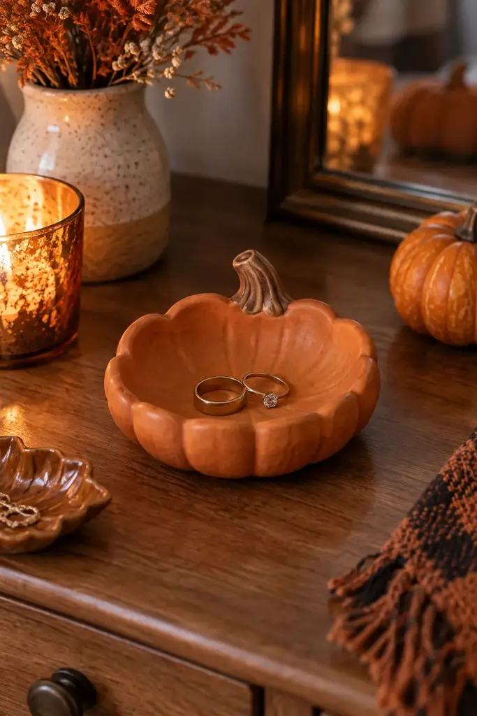 Hand shaped terracotta orange clay pumpkin ring dish holding two rings on a dresser