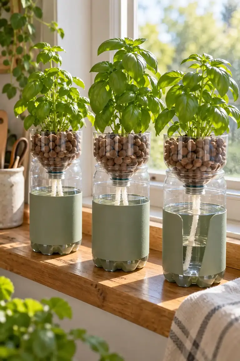 Recycled plastic bottle wick hydroponic herb garden with clay pebbles, small basil plants and sage green wraps on a sunny windowsill