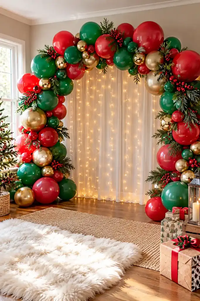 Red and green balloon arch backdrop